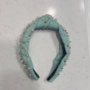 Lele Sadoughi Green Striped Headband with Pearls and Studs